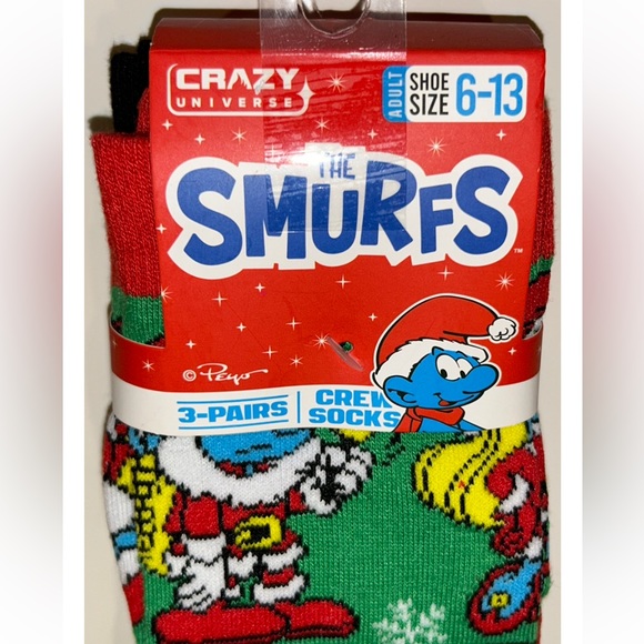 The Smurfs Crew Socks 3 Pair Men 6-13 Green Red Christmas Holiday Papa Smurfette - Picture 3 of 11